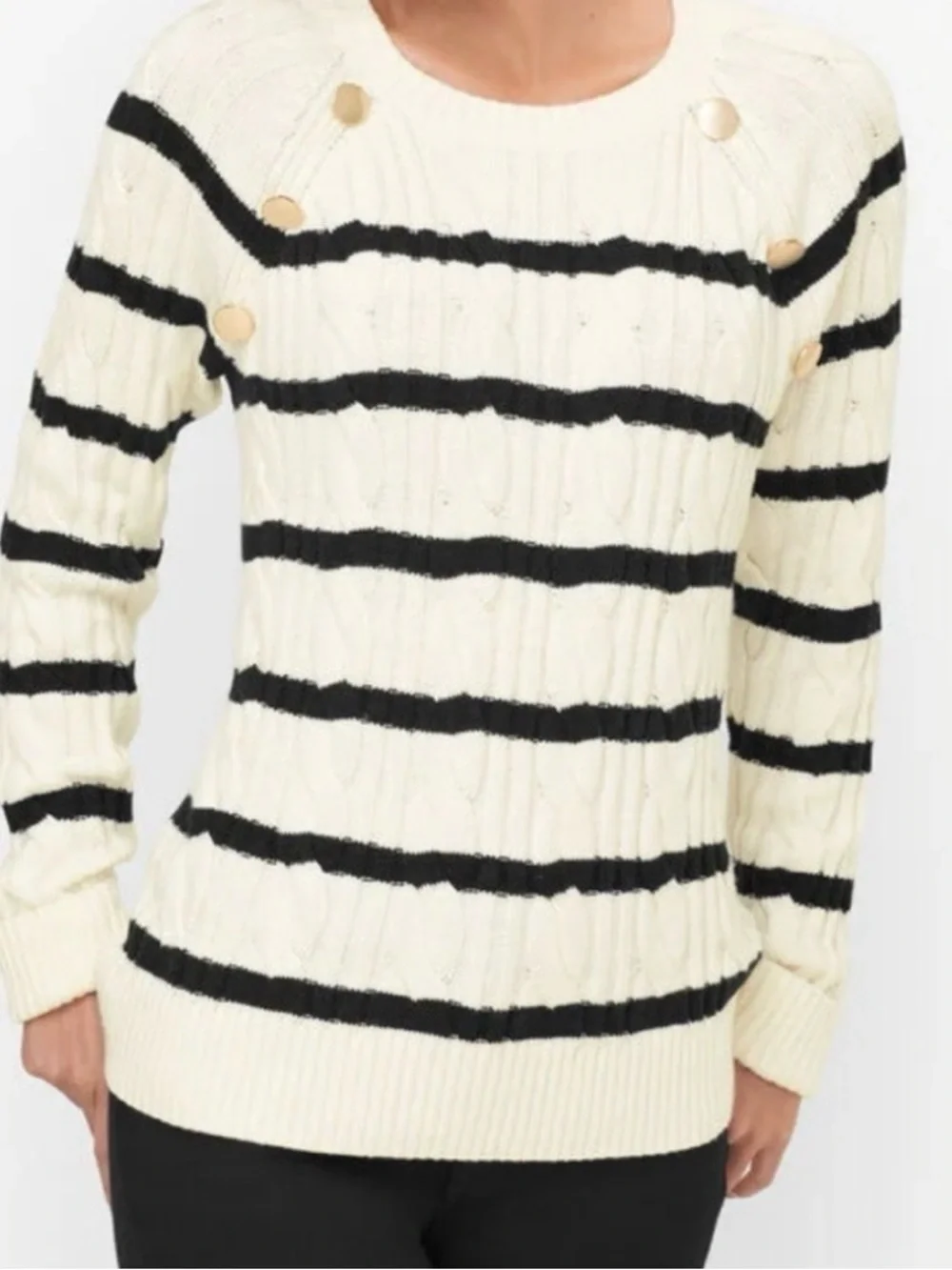 Talbots Black & White Breton Stripe cotton Cable Knit Crew Sweater nautical sz M